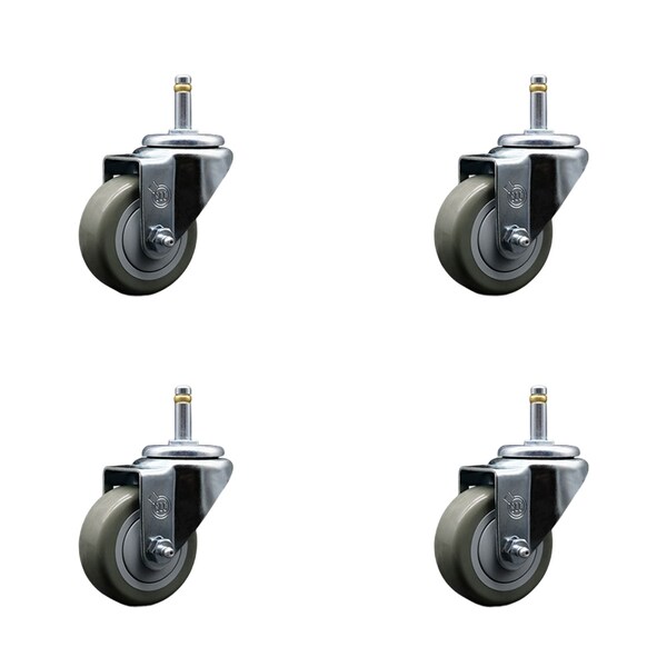 3'' Gray Polyurethane Wheel Swivel 7/16'' Grip Ring Stem Caster Set, 4PK